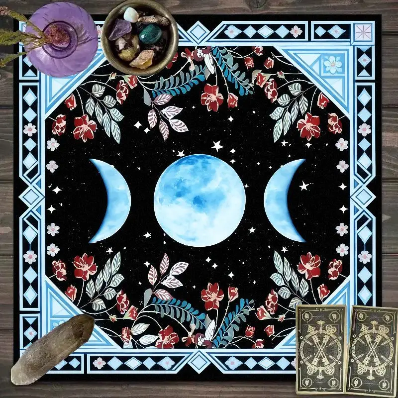 VIKAMA Floral Triple Blue Moon Tarot Table Cloth Black Flower Wicca Altar Cloth Moon Phase Witch Home Decor Mat