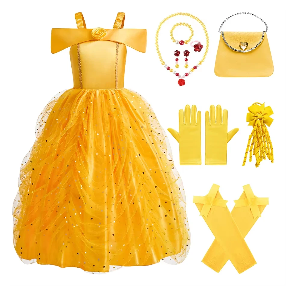 Mädchen Gelbes Prinzessinnenkleid Elegantes Geburtstagsparty-Kleid Kinder Cosplay-Kostüm mit Zubehör Handtasche Handschuhe Schmuckset