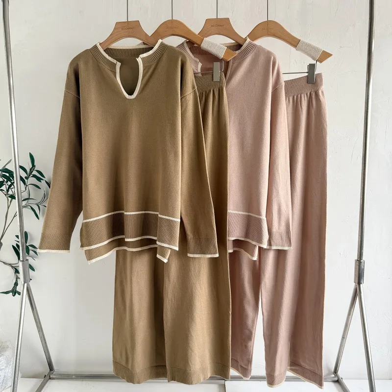 

Women's Autumn/Winter Sets Casual Loose V-neck Long Sleeve Knitted Split Sweater+Elastic Waist Pants 2-piece Suit Woman Clothing