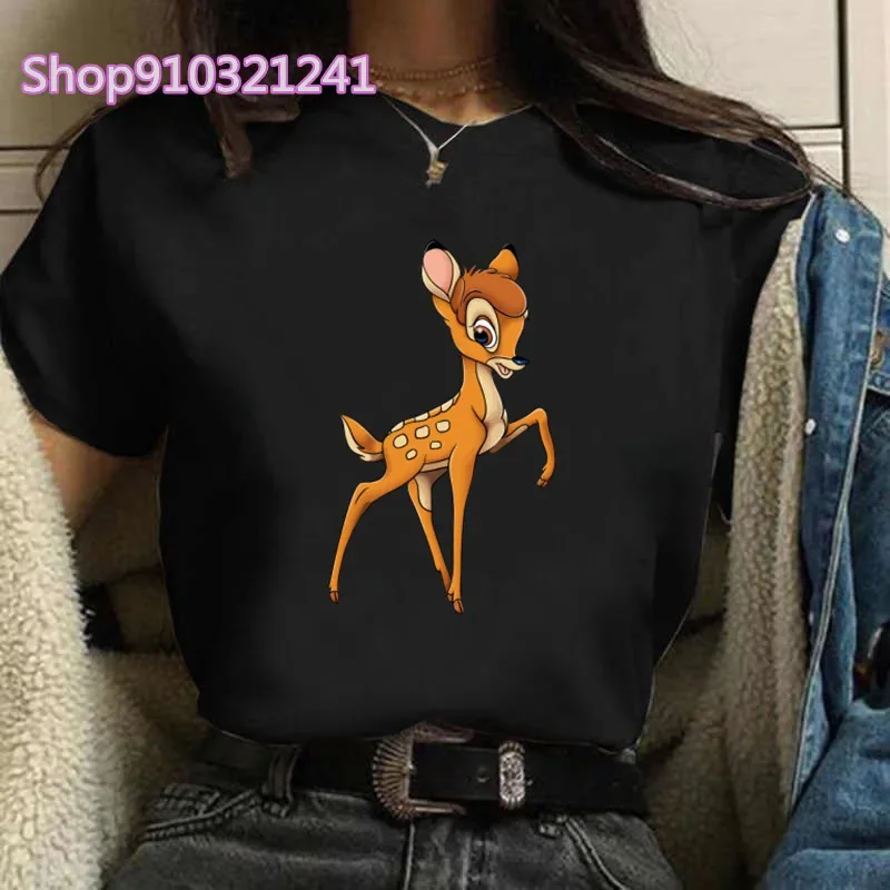 Summer T-shirt Bambi Cartoon Anime Printing Short Sleeve Street Clothing 90s Graphic Tee Female Cute Tops Y2K Oversized T Shirt