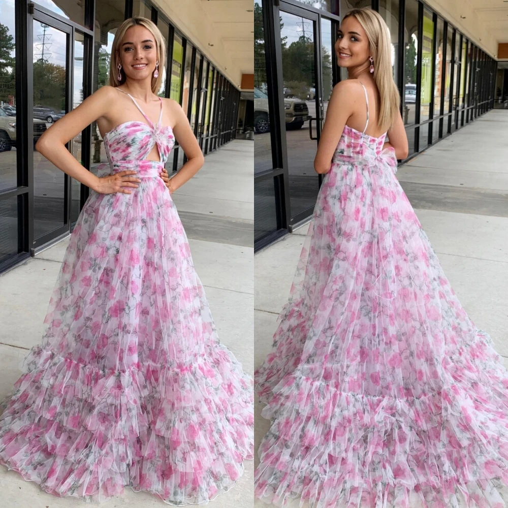 Robe de Soirée Formelle à Imprimé Rose pour Femme, Tenue à Couches Florales, Jupe à Volants, pour Spectacle, Bal, Soirée, Gala, Cocktail, 2k24