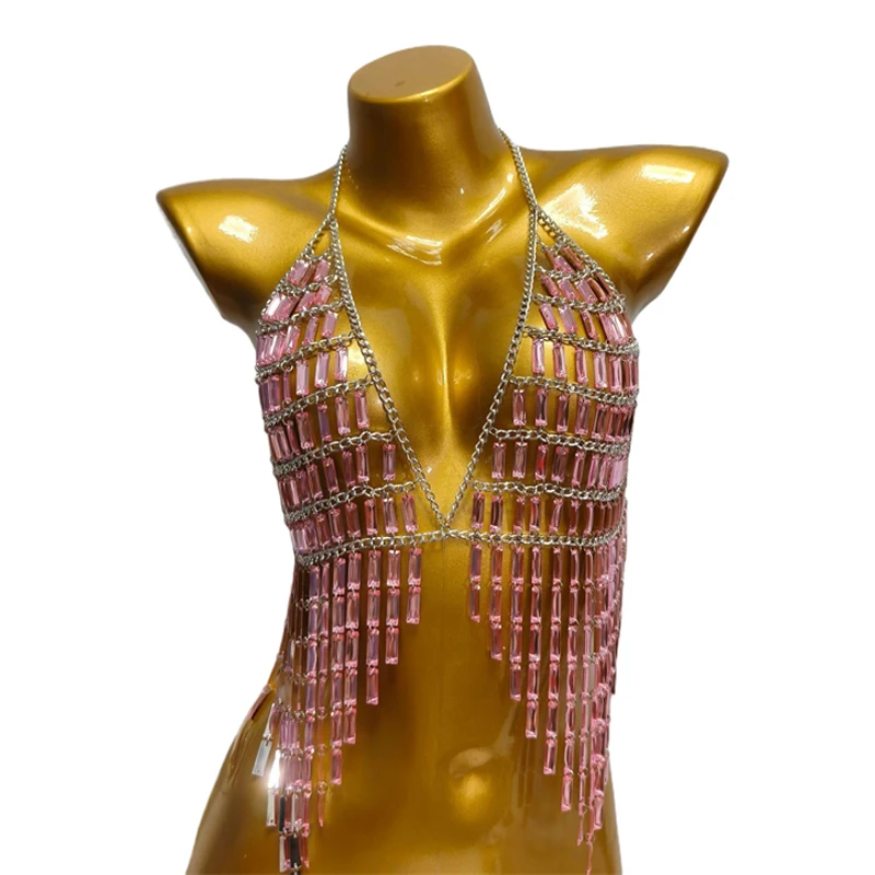 Damen Baguette-Strass-Quasten-Körperkette BH Sexy Kristall-Fransen-Neckholder Y2K Crop Top Nachtclub Party Festival Bikini Schmuck – Detail 4