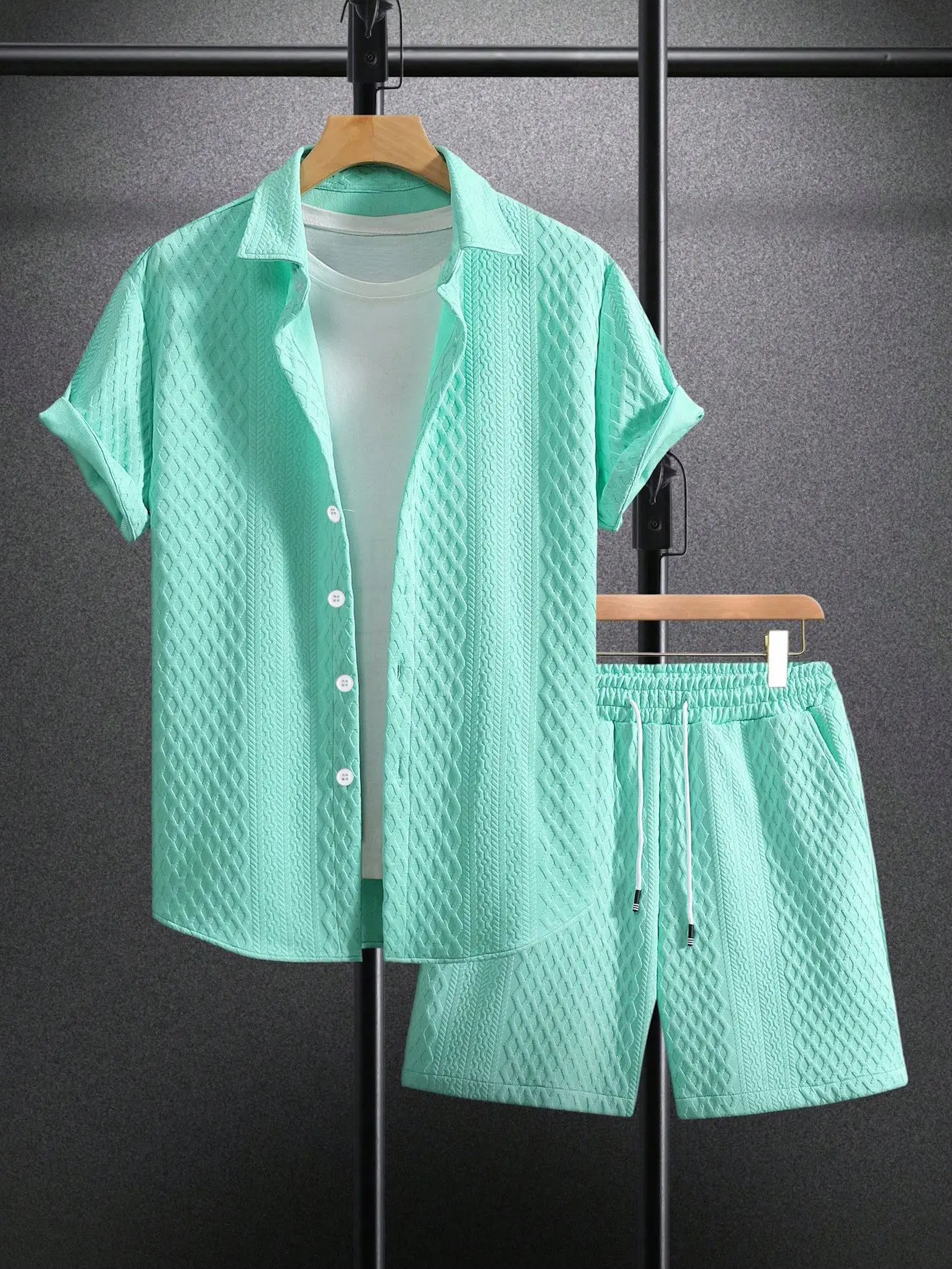 Summer New Men's Casual White Sportswear Shirt with A Lapel Men's Short-sleeved Button Shirt and Shorts Jacquard Texture Suit