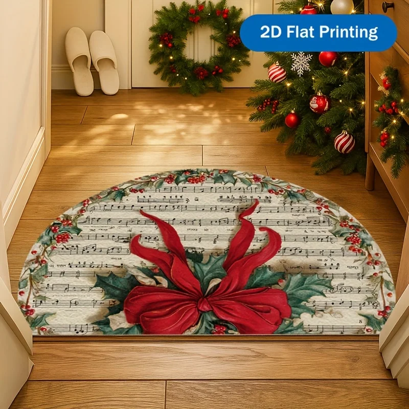 VIKAMA Christmas Semicircular Door Mat Music Sheet Red Bow Holly Berry Print Non Slip Mat For Entrance Hallway Xmas Decor