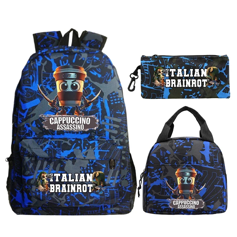 

3pcs Italian Brainrot Backpack Lunch Bag Pencil Case Set Boy Girl Schoolbag Lightweight Travel Backpack Student Laptop Bookbag