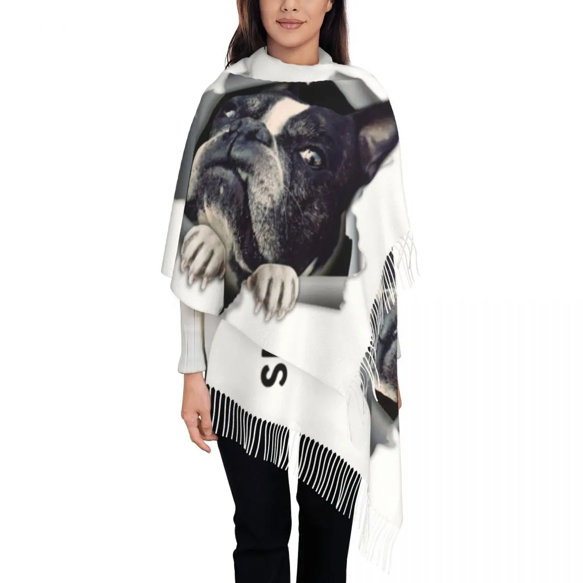 

Boston Terrier Six Feet People Face Scarf for Women Fashion Winter Shawl Wraps Dog Lover Tassel Wraps