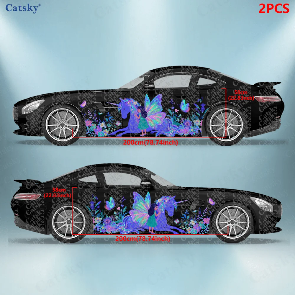2pcs Colored Unicorn and Little Girl Car Vinyl Wrap, PVC Waterproof Side Car Sticker, Self-Adhesive Scratch-Resistant Stickers