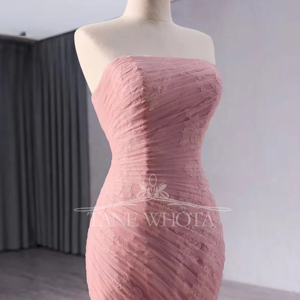 

Pink Strapless Evening Dress Sleeveless Ruched Lace Up Back Sheath Fit Customizable Night Vestidos De Noche
