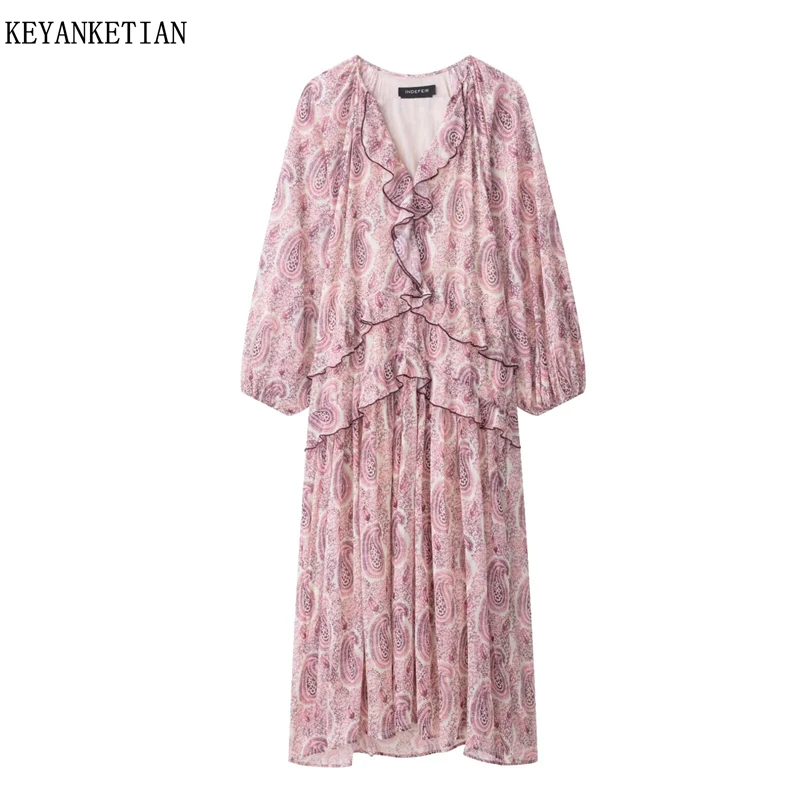 

KEYANKETIAN Spring/Autumn New Women's Paisley Print Tiered MIDI Dresses Holiday wind V-Neck Long Sleeve Loose A Line Long Dress
