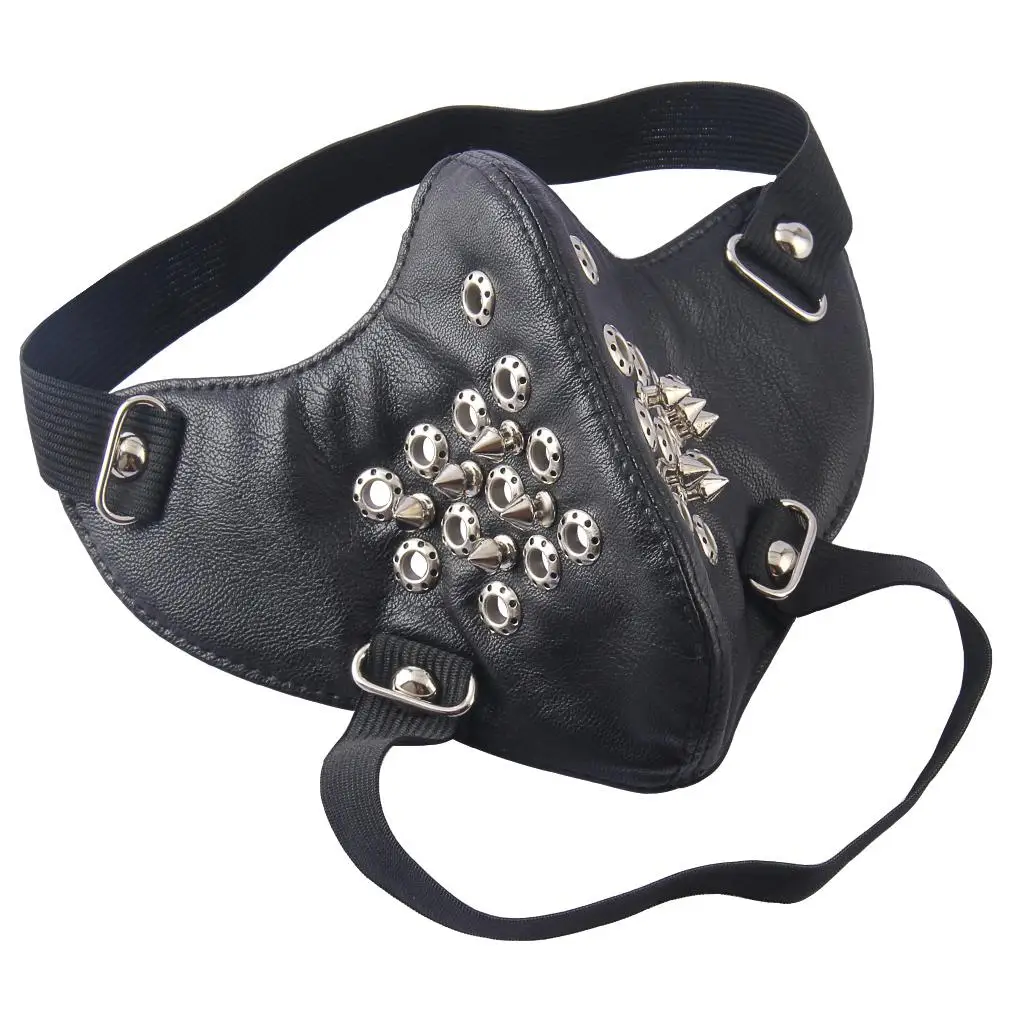 Biker PU Leather Gothic Half Face Mask Dust Proof Alloy Masquerade Mask for Motorcycle Riding Halloween Cosplay Events