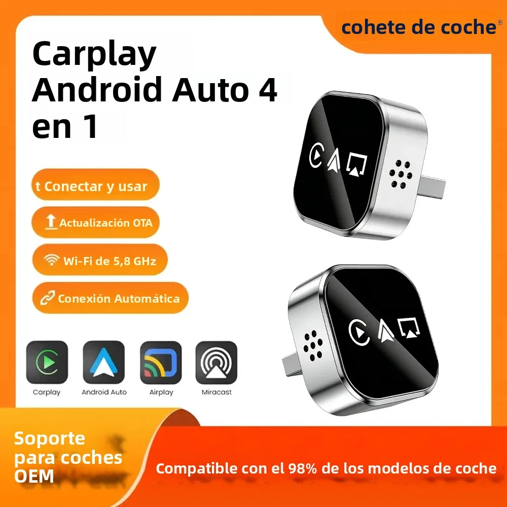 Adaptador Bluetooth CarRocket Upgrade 4 en 1, de CarPlay con cable a inalámbrico, Android Auto, AirPlay y Mirror Link, estable, para Audi, Benz, Toyota