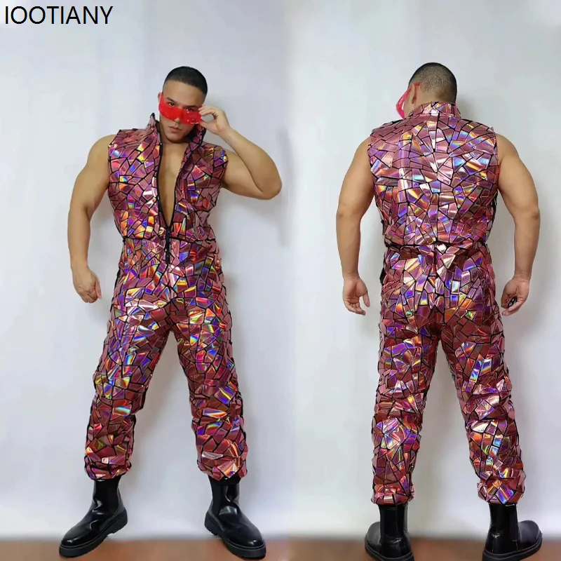 

Men Laser Mirror Sleeveless Jumpsuit Hip Hop Dancer Group Sequin Bodysuit Holiday Party Nightclub Bar Gogo Mirror Artificial Set