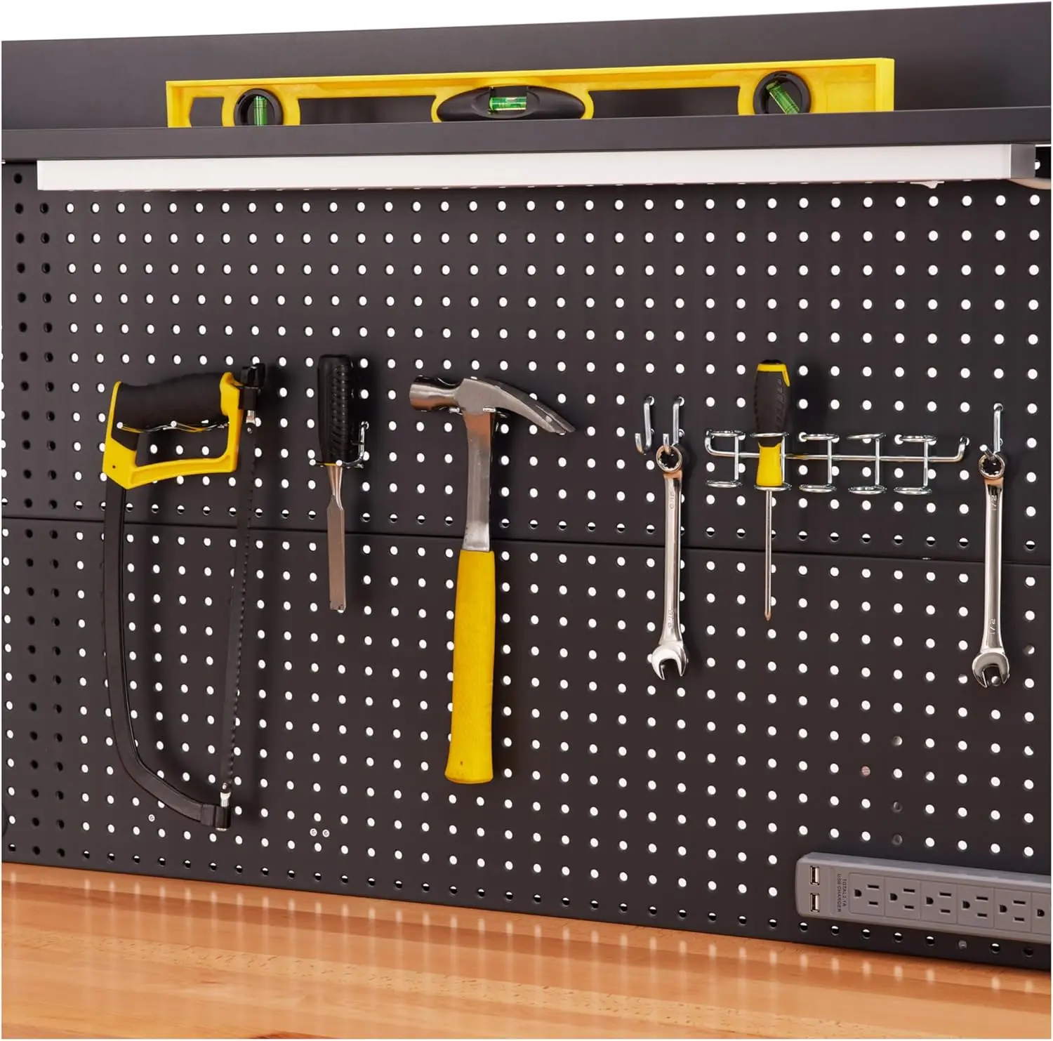 

Heavy Duty Commercial Lighted Workcenter w/Pegboard, 500 lbs. Weight Capacity for Garage, Warehouse, Workshop, Solid Wood Top