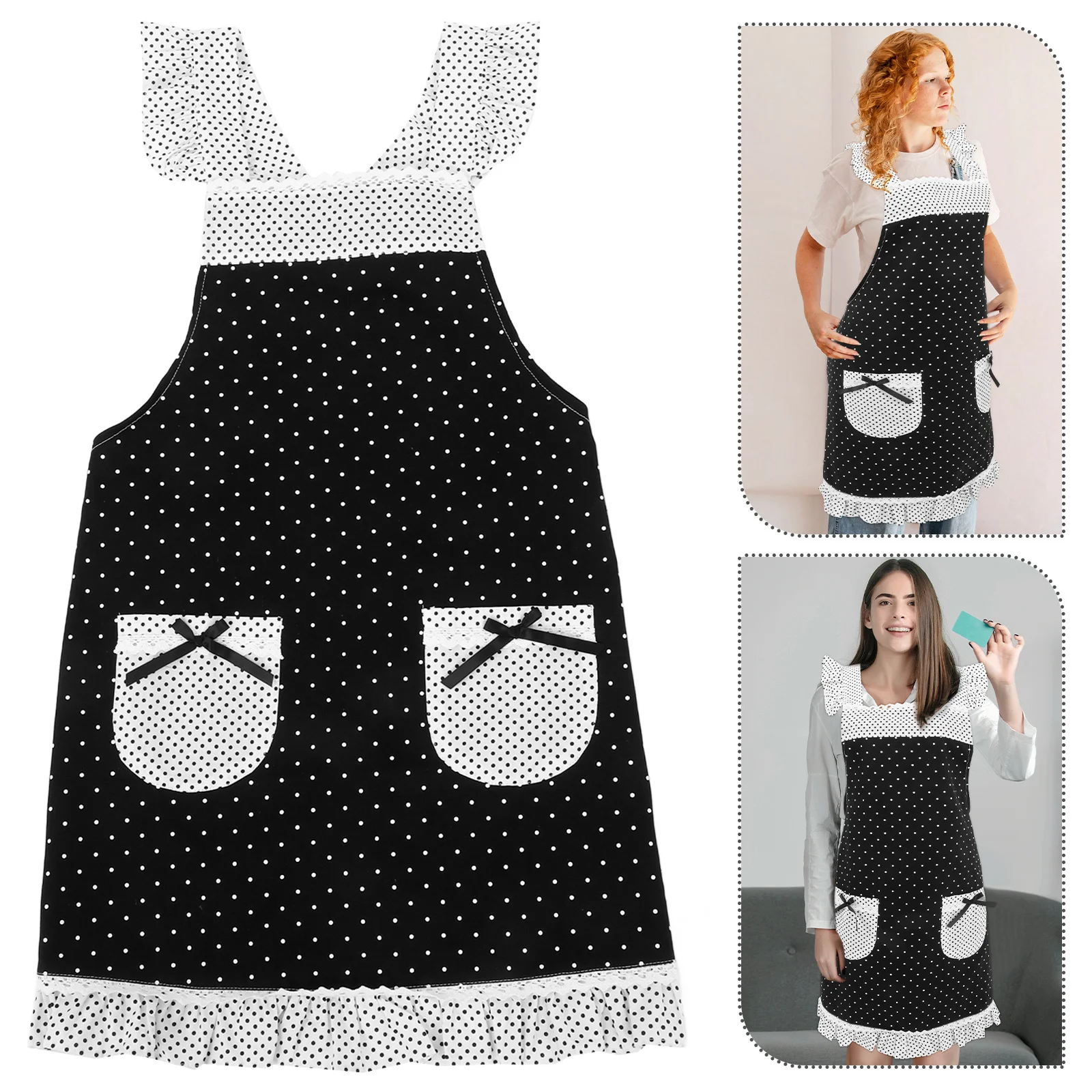 

Women'S Kitchen Retro Lace Polka Dot Oil Resistant Cooking Apron For Ladies Baking Cleaning Waist Apron With Pockets