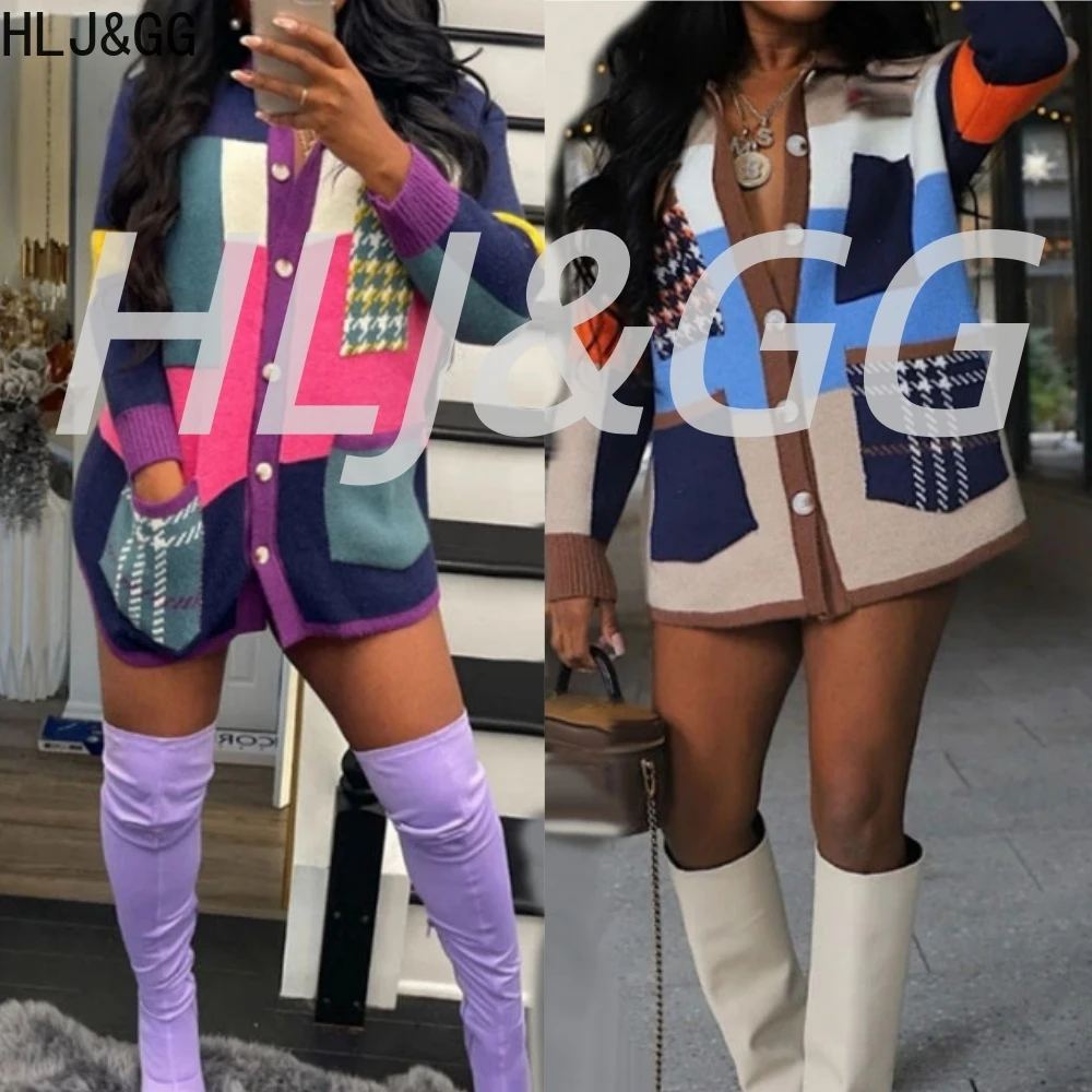 

HLJ&GG Autumn Winter Oversized Knit Cardigan Sweaters Women Patchwork Long Sleeve Button Pocket Loose Tops Fashion Coats Street