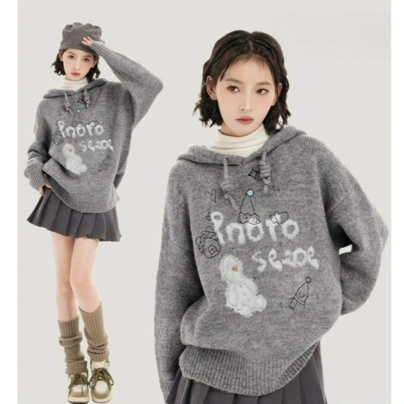 Grijs bedrukte trui met capuchon, gebreide trui voor dames, herfst/winter, nieuwe stijl, modieuze casual losse trui in Koreaanse stijl