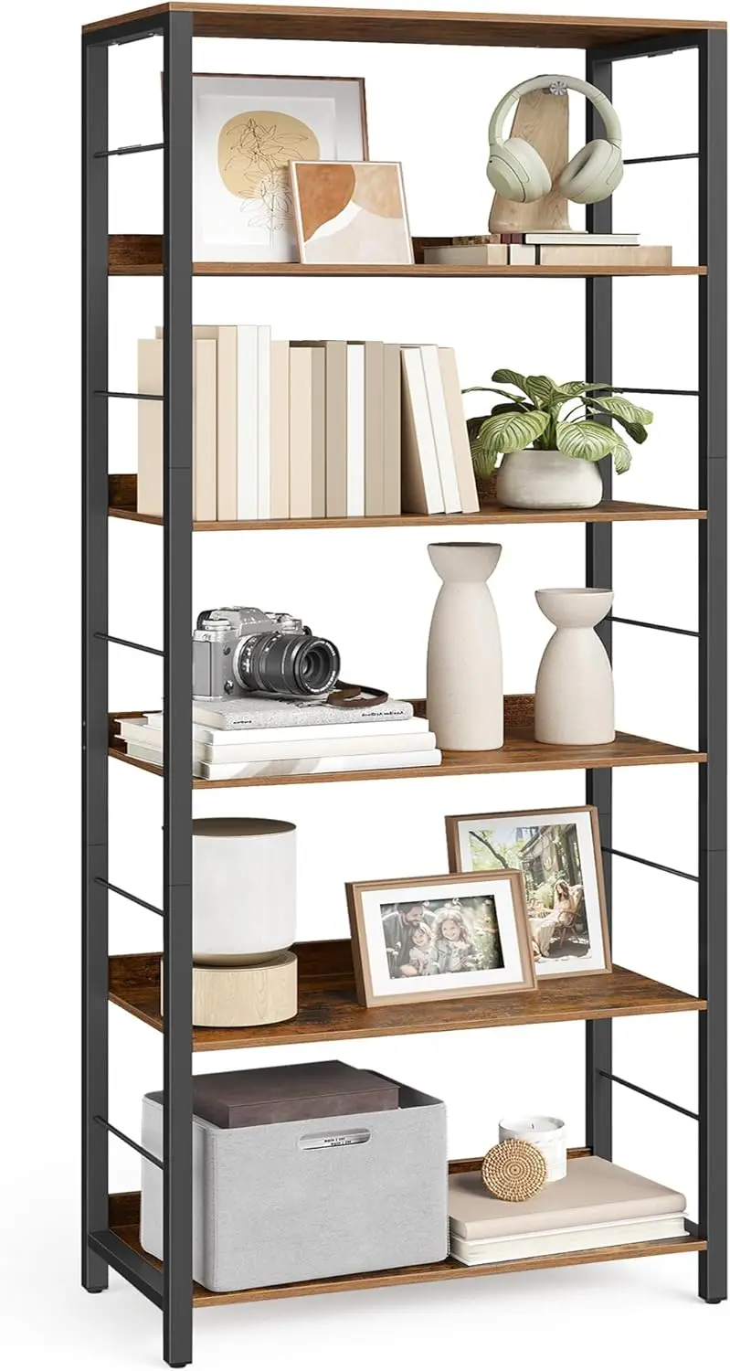 

6-Tier Industrial Bookshelf, Rustic Brown & Black, 11.8x23.6x70.1 Inches, Sturdy for Office or Living Room
