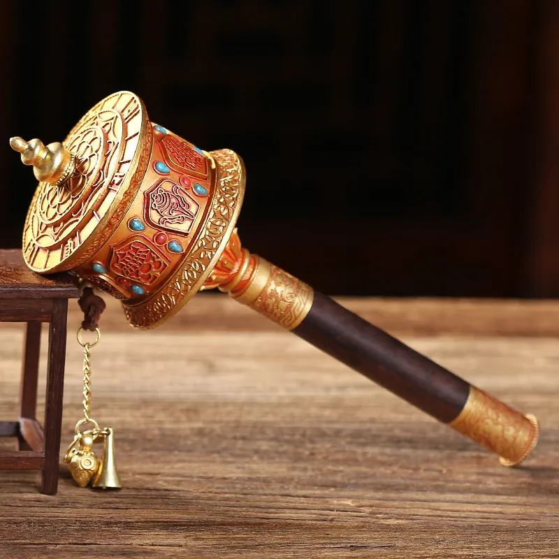 26.5cm Tibetan Pure Copper 32800 Times Mantra Smooth Quiet Eight Auspicious Scripture Hand Cranking Prayer Wheel Crafts