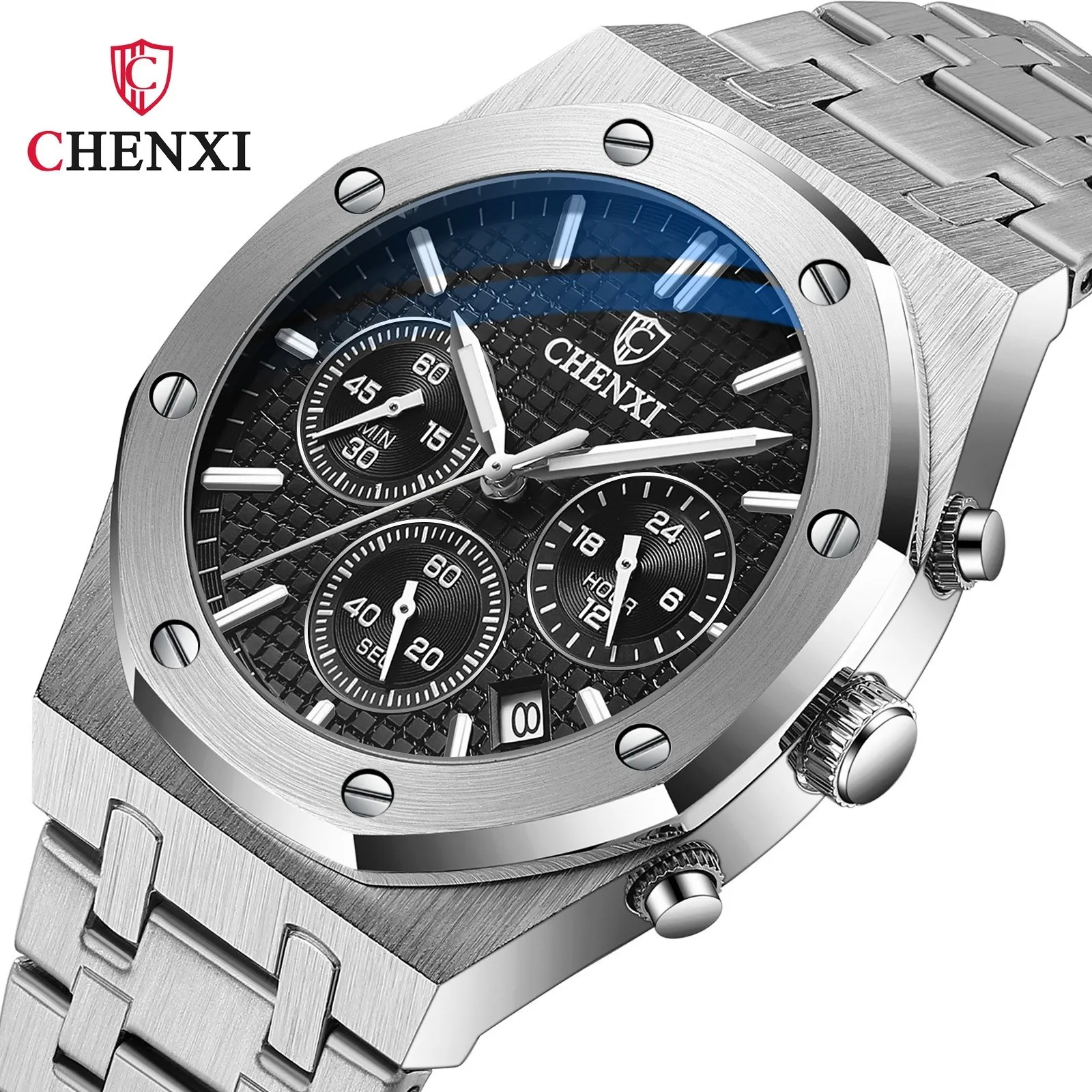 Men's Multifunctional Watch with Steel Band Waterproof Quartz Movement