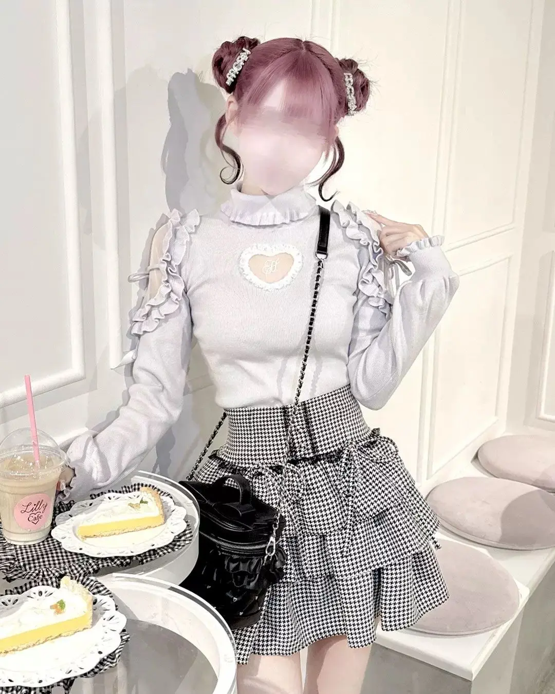 Japanese Style Elegant Sweet Hollow Heart High Neck Lace-up Ruffle Lantern Sleeve Knitted Sweater Pullover for Women Spring 2026