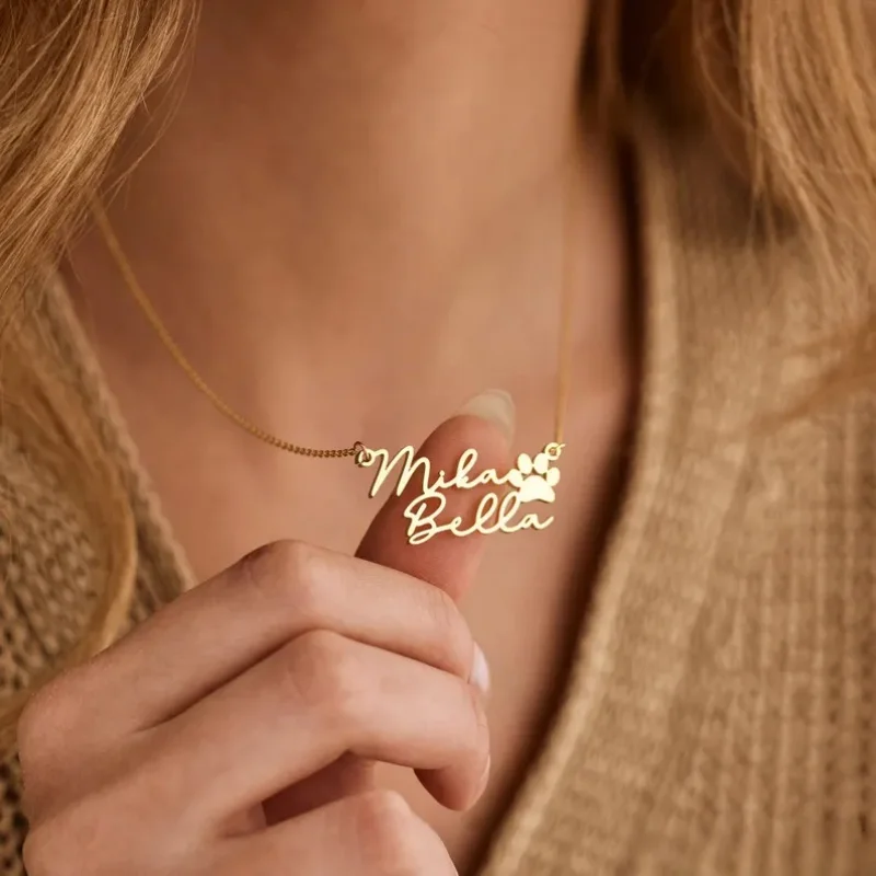 Custom Name Necklace Paw Print Personalized Stainless Steel Gold Plated Nameplate Pendant Jewelry for Women Dog Cat Lovers Gift