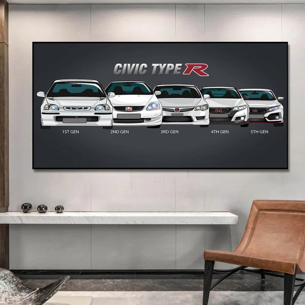 Civic Evolution Type R Car Wall Art Canvas Painting Posters Pictures Home Decor for Living Room Decorations