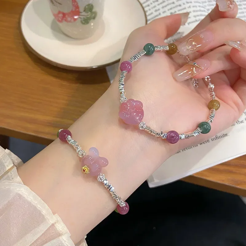 Caibao~ Super Immortal Sweet Mori Small Fresh Color Jade Salt Source Agate Bracelet Cute Rabbit Head Adjustable Bracelet