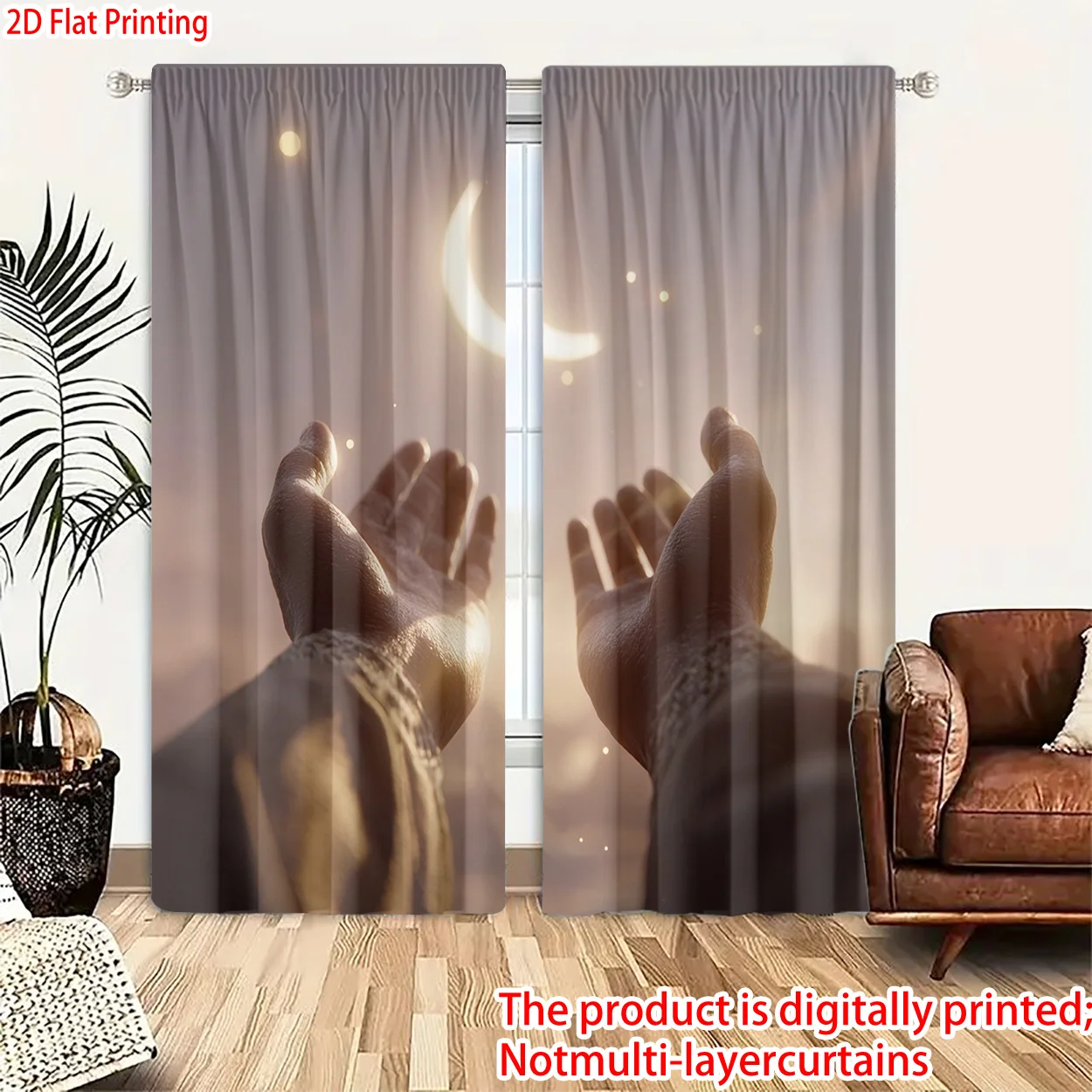 Decorative Digital Print Curtains Abstract Moon Hands Pair Sheer Light Filtering Window Drapes for Bedroom Living Room Home