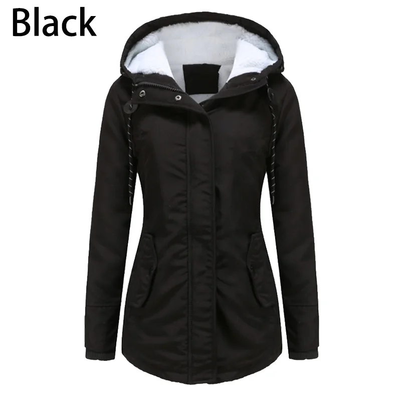 Women\'s Autumn Winter Coat Warm Solid Plush Thickened Long Jacket Outdoor Hiking Hooded Casual Windproof Parka Coat Overcoat