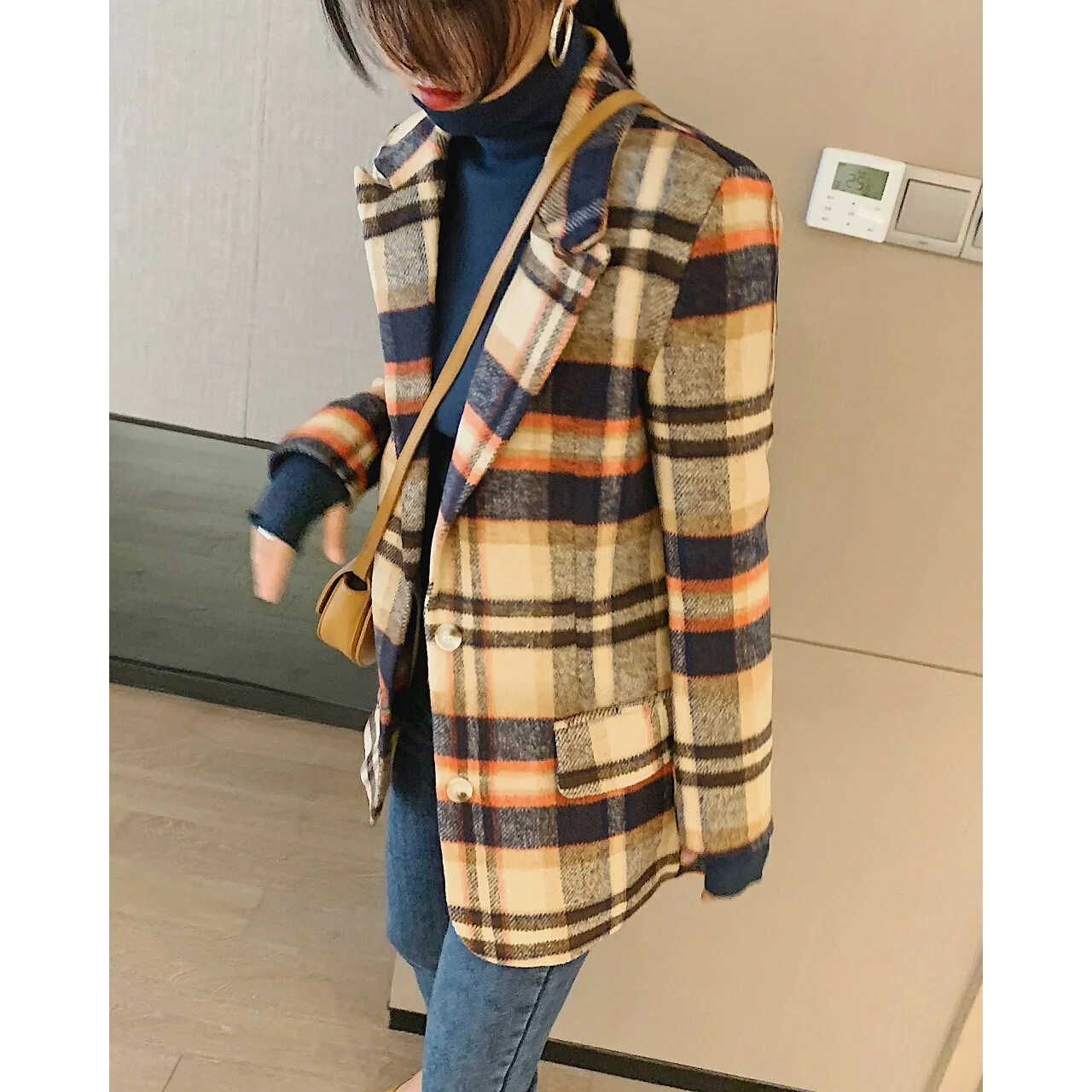 

JINGONI Plaid Woolen Suit Jaet Women's Mid-Length Coat Small Size Winter Elegance Single-Breasted Retro Sle Long Sve
