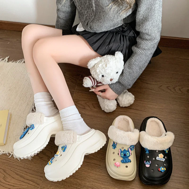 Disney autumn and winter Stitch cute warm home women's shoes cartoon height increase non-slip plush two wear hole cottonslippers