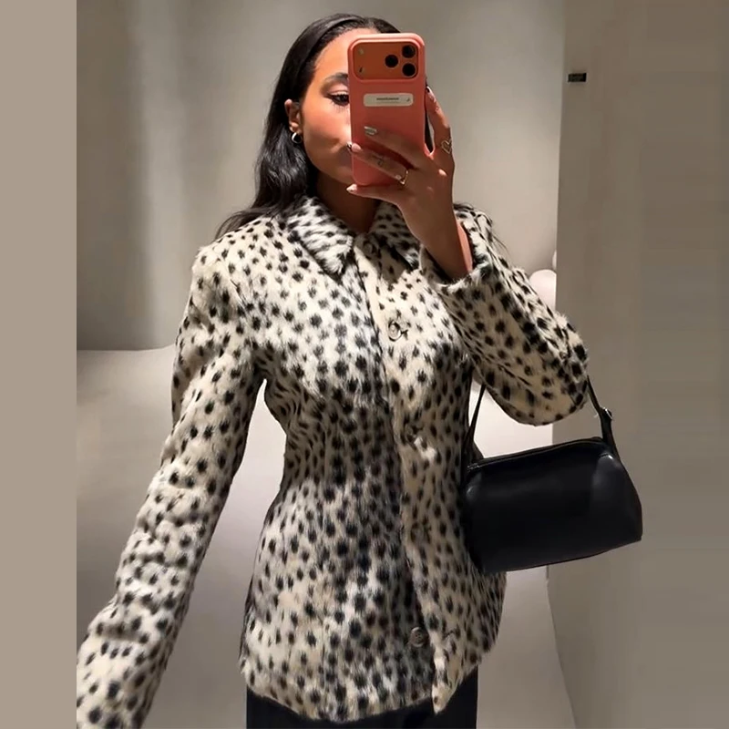 Women's Color Block Spotted Faux Fur Jacket Fur Jacket Wide Lapel Collar Long Sleeve Cropped Hem Drop Shoulder Street Warm Tops 2