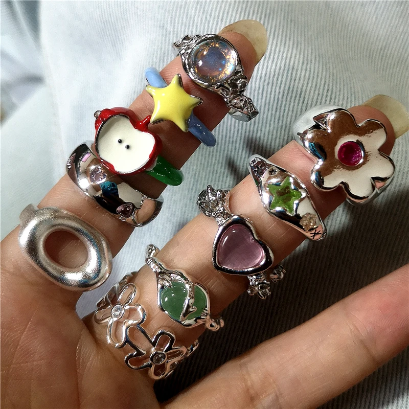 Bonito colorido zircão estrela coração charme oco metal aberto anel para mulheres menina estética acessórios vintage simples y2k jóias novo
