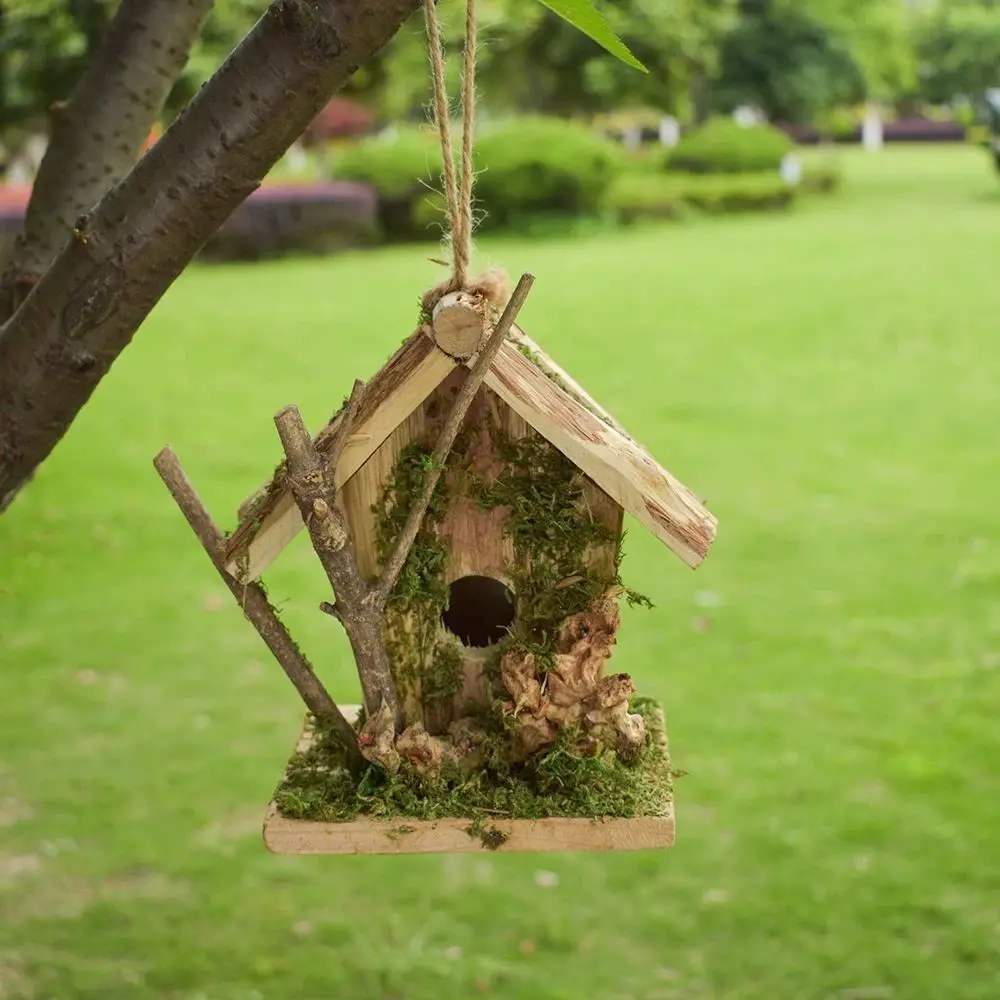 Wooden Bird Nest Bird House with Simulated Bark, Hanging Ornament for Courtyard Balcony Kindergarten Scene Decoration