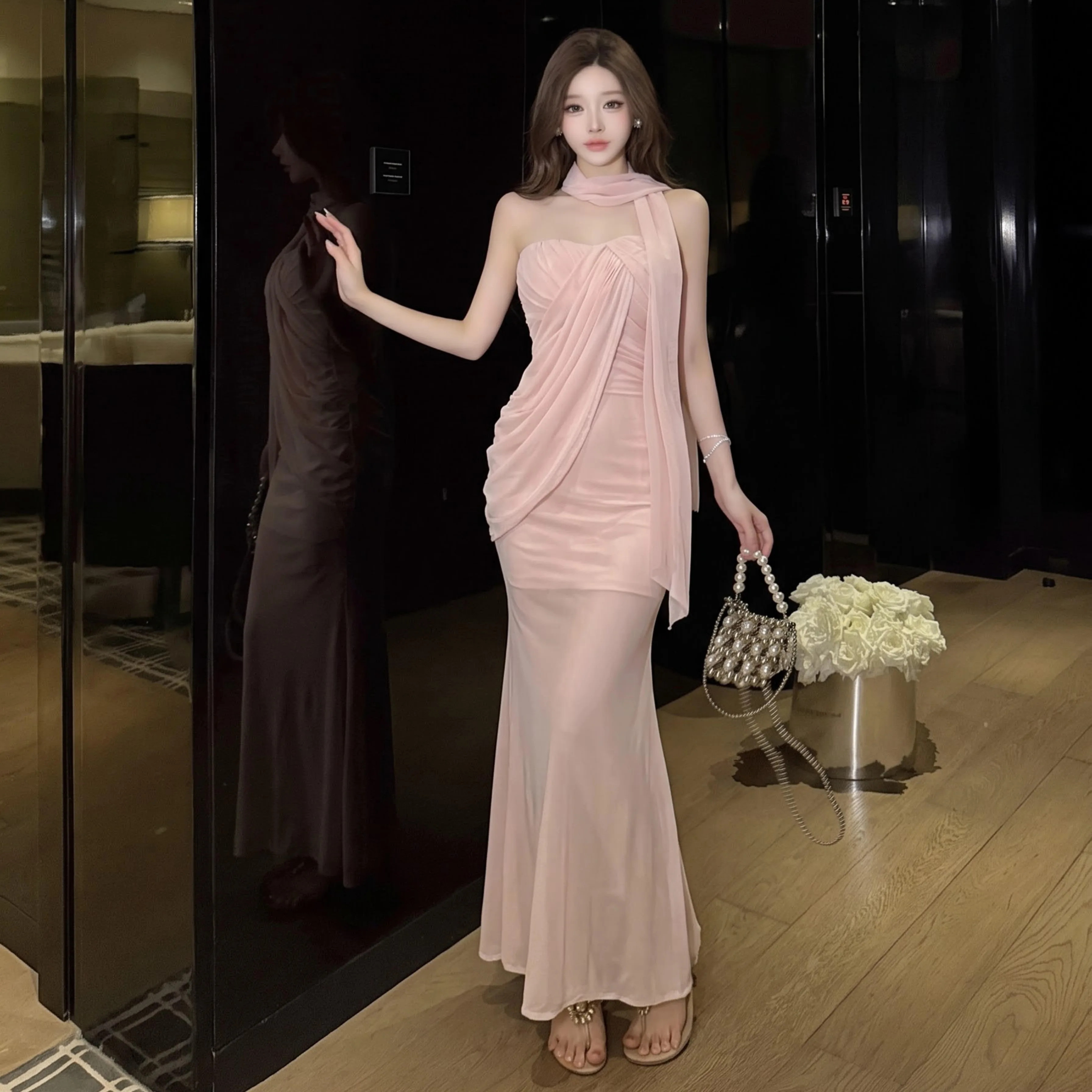 Elegant Pink Tulle Splice Dress Sweet  Style Mid-Waist H-Shape Midi Skirt without Sleeve One-Piece Breathable Polyester ...