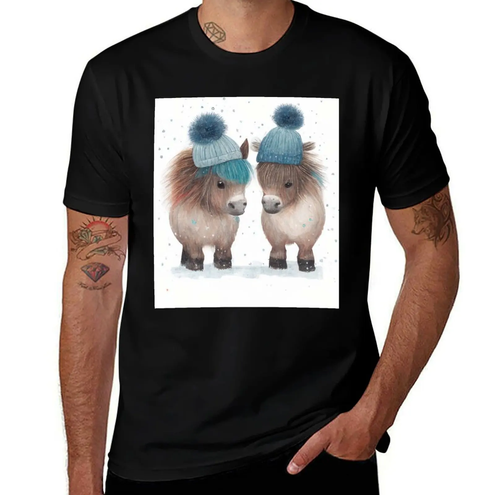 Adorable Pony Friends in the Snow Wearing Pom Pom Hats T-Shirt Sweat Absorbing Sports Tee Shirt