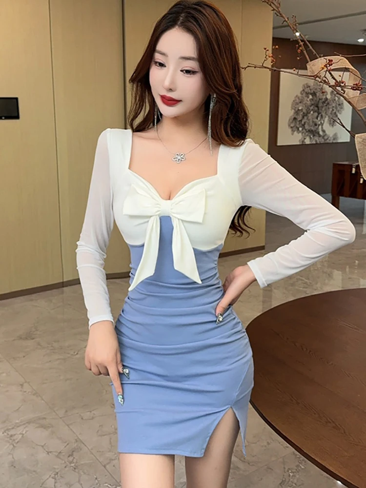 الخريف الأزرق المرقعة الأبيض القوس ساحة طوق فستان قصير 2025 أنيقة فستان المنزل غير رسمي المرأة الكورية موضة Bodycon فستان الحفلات #1