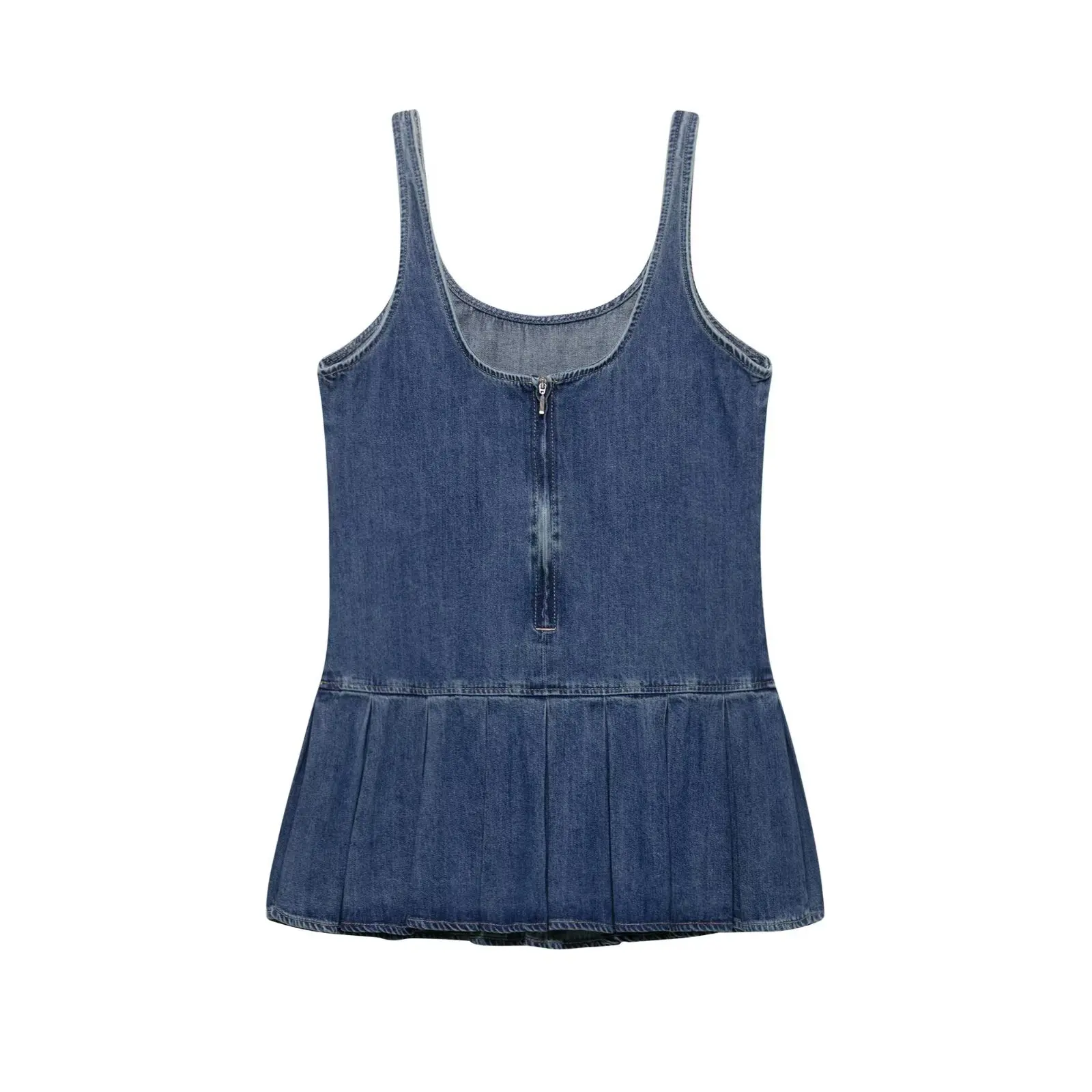 femmes Denim Mini robe dos ouvert col carré taille haute fermeture éclair dos plissé robe trapèze printemps été nouvelle femme Chic haut