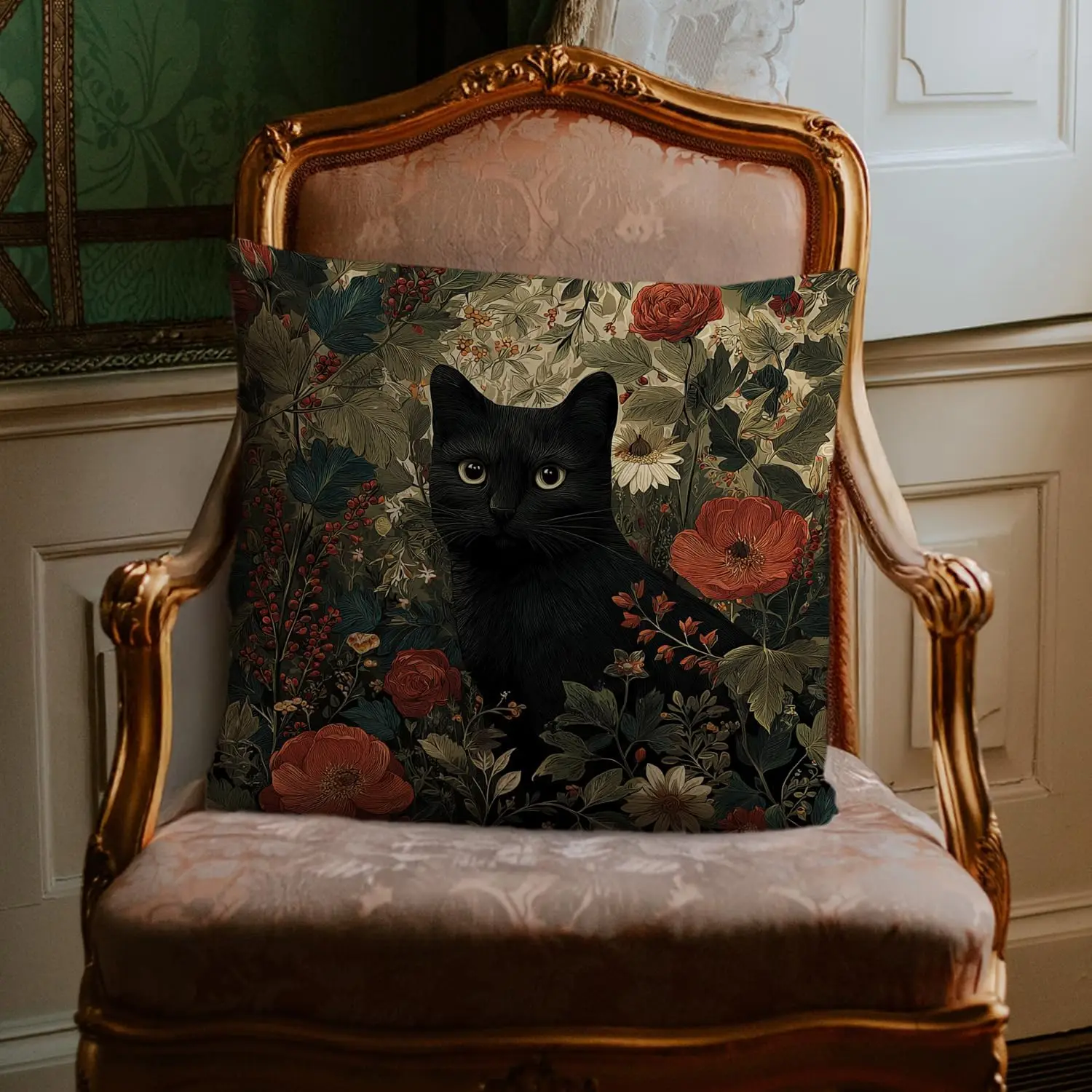 1pcsWilliam Morris Abstract Art Floral Design Throw Pillow Cover Home Decor, Vintage Black Cat Lovers Pillowcase Cover for Bed