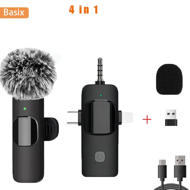 Basix Professionelles 4-in-1-Wireless-Lavalier-Mikrofon für iPhone und Android, 3,5 mm, für Live-Aufnahmen, Mini-Mikrofon mit Geräuschunterdrückung
