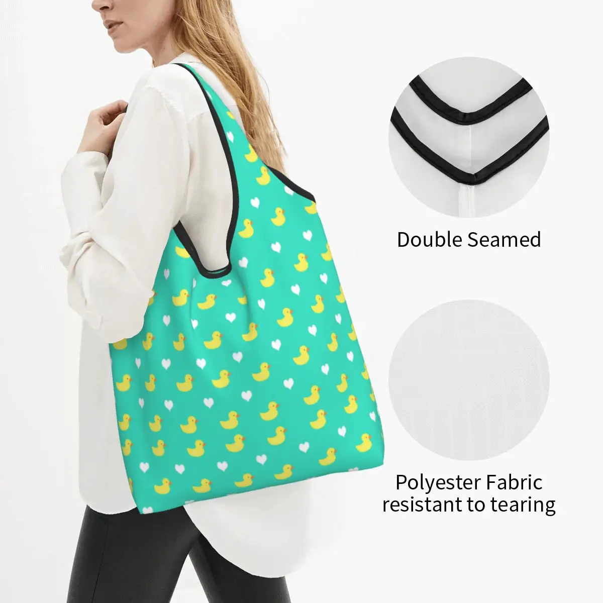 Adorable Classic Yellow Rubber Ducky And White Hearts Pattern Who Love Ducklings Pet Groceries Shopping Tote Bag