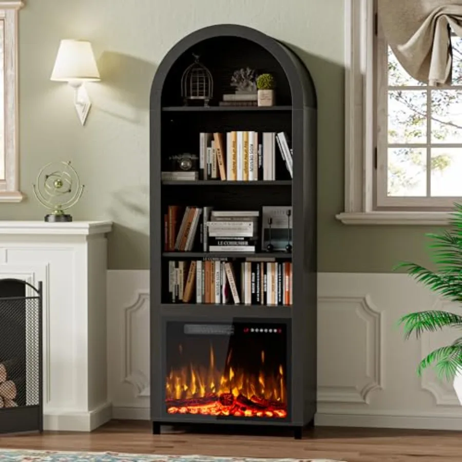 Mobiletto ad arco 2in1 con camino elettrico per soggiorno e cucina Libreria in legno nero con ripiani regolabili 71 alti O
