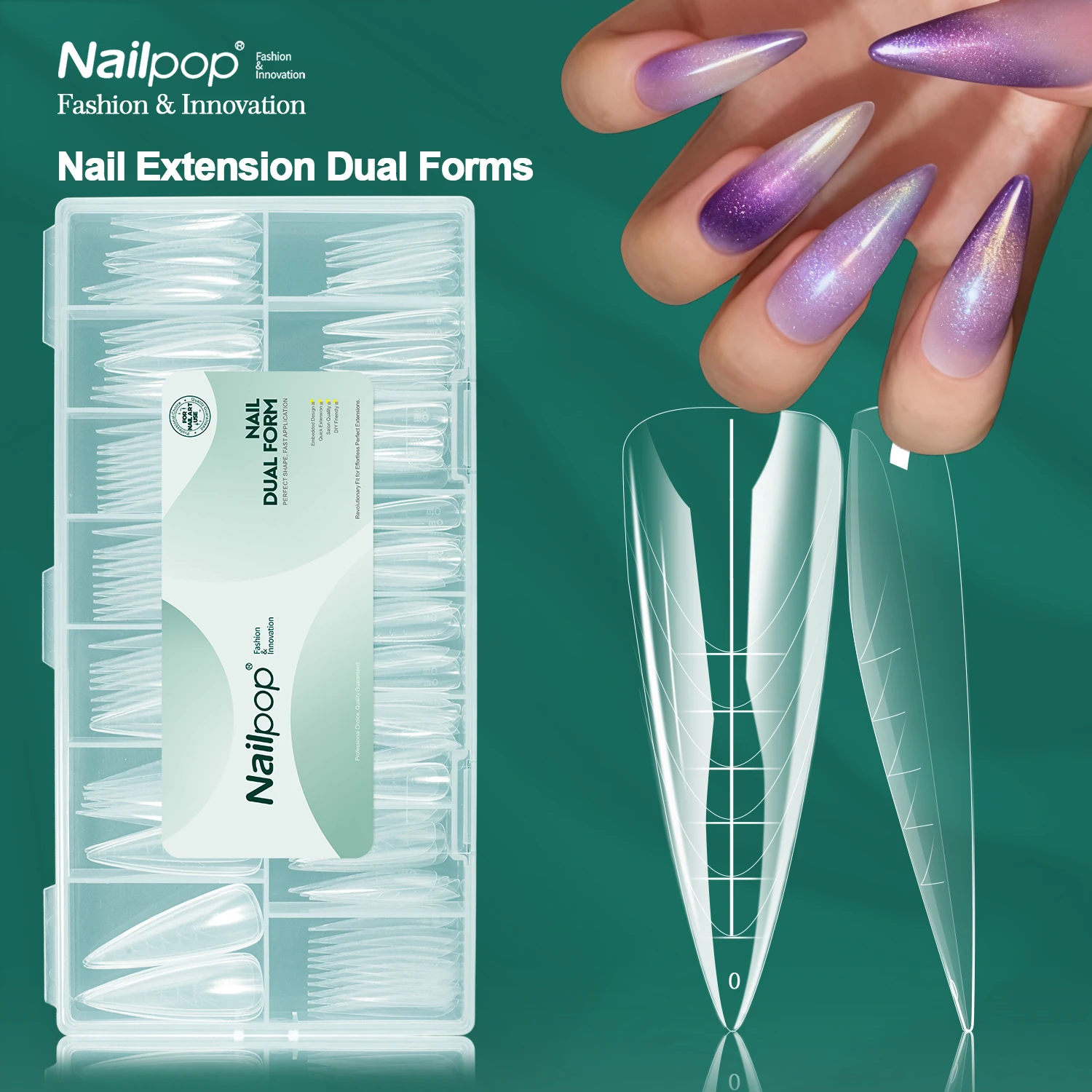 

Nailpop Nail Dual Forms Stiletto 15 Sizes Professional Salon Easy Use Reusable Clear Pointed Extension DIY Home Tools 75/150pcs
