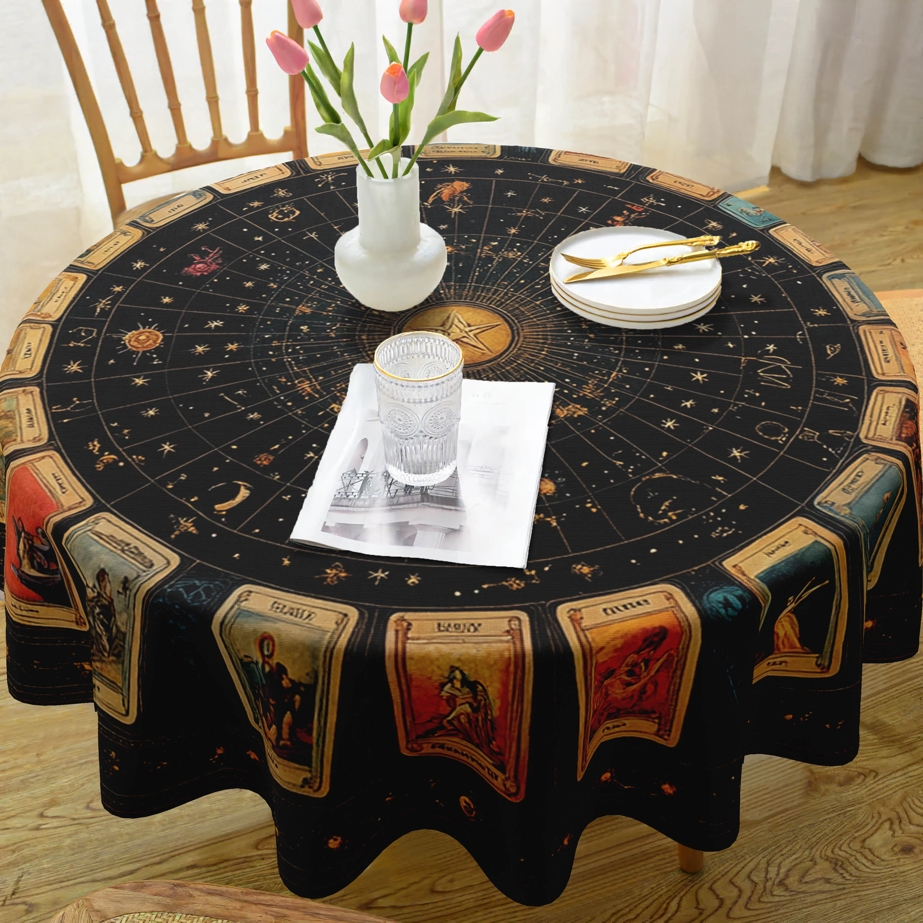 VIKAMA Runde Tischdecke mit Tarot-Print, mit Wahrsage-Tarot-Designs, perfekt für Bohemian-Style-Wohndekoration