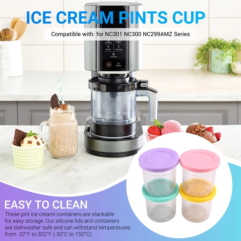 4PCS Ice Creami Pints & Lids For Ninja Creami NC300 NC301 NC299AMZ Pints 16OZ Cups Ice Cream Maker Dishwasher Safe