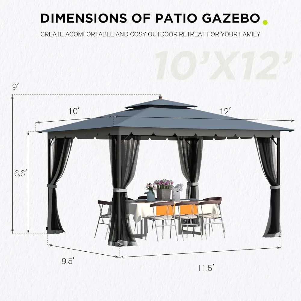 [New-Gen] Outdoor Patio Gazebo10x12,Gazebo with Mosquito Netting[Sturdy Metal Heavy Duty Frame],Outdoor Canopy Gazebo with Doubl