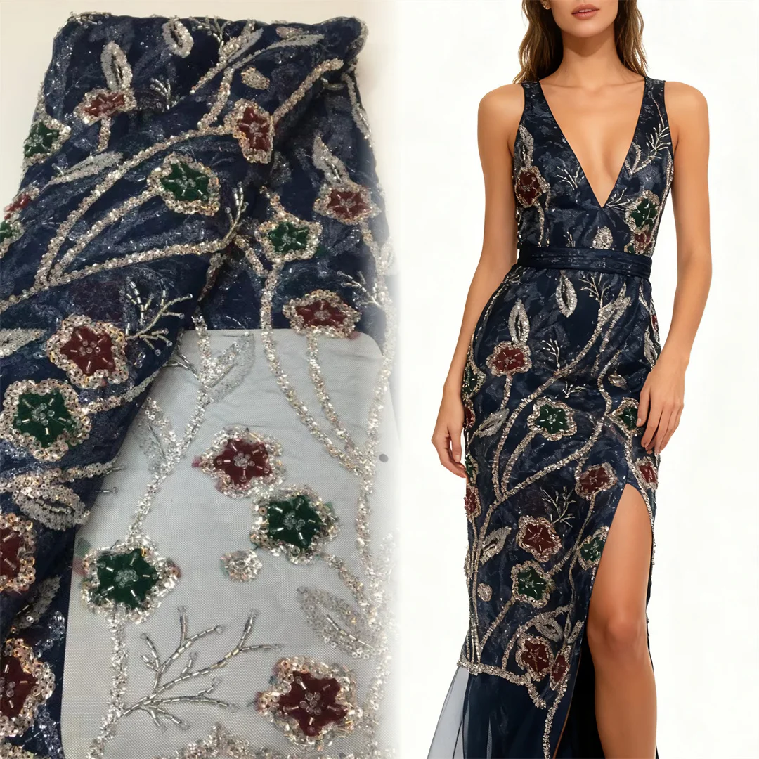 

2026 Роскошная африканская кружевная ткань, 5 ярдов, бархатное кружево, тюль с бисером, кружевная ткань, вышитая нигерийская ткань для шитья свадебного платья