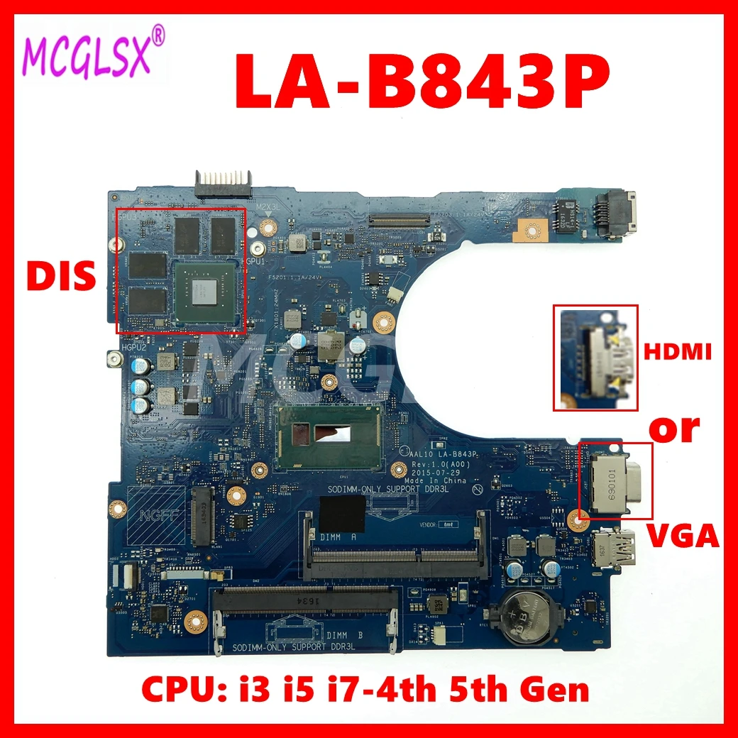 

LA-B843P Mainboard For DELL Inspiron 3458 3558 5458 5558 5758 Laptop Motherboard With i3 i5 i7-4th 5th Gen CPU GT820M/GT920M GPU