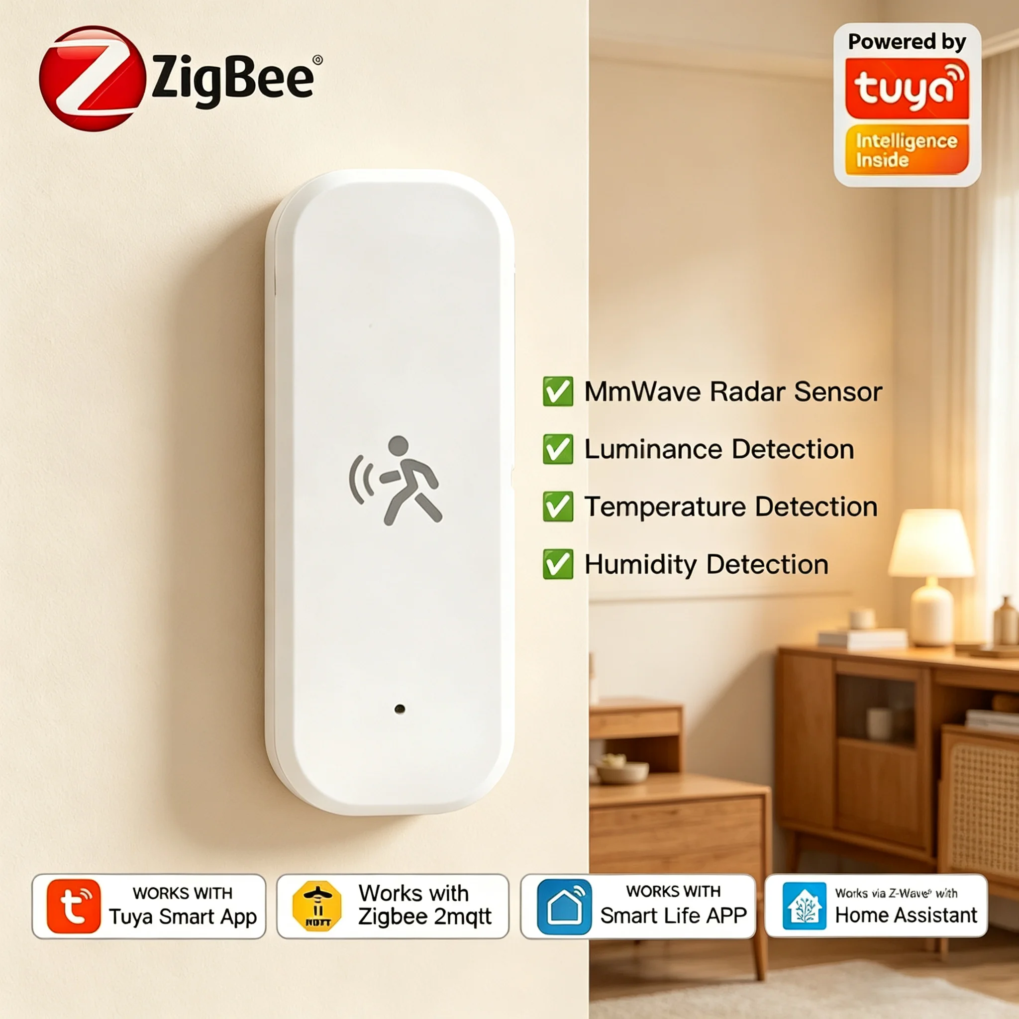 

Zigbee Smart Human Motion Sensor 4 in 1 MmWave Radar Detector Tuya Temperature Humidity Luminance Sensor Replace PIR Motion