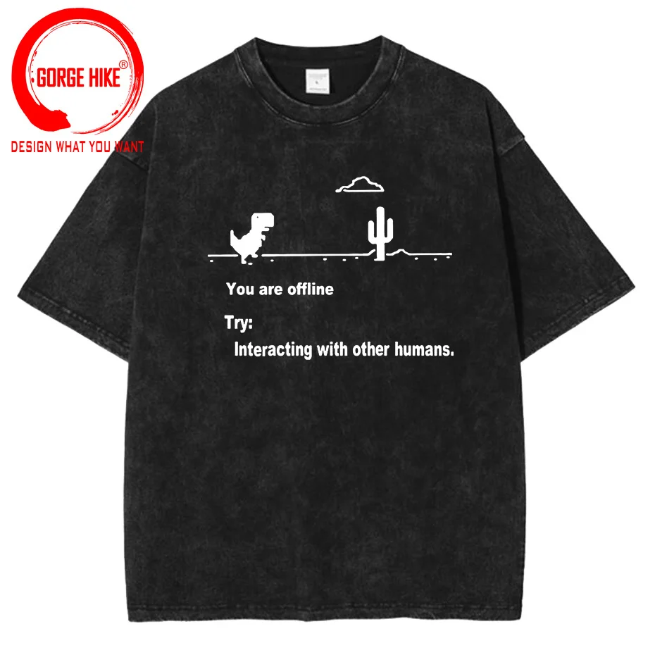 

Washed Retro Cotton Cartoon Dinosaur Tee Shirt No Internet T Shirt Dino tshirt Funny Harajuku Jurassic Offline Park Mens T-shirt